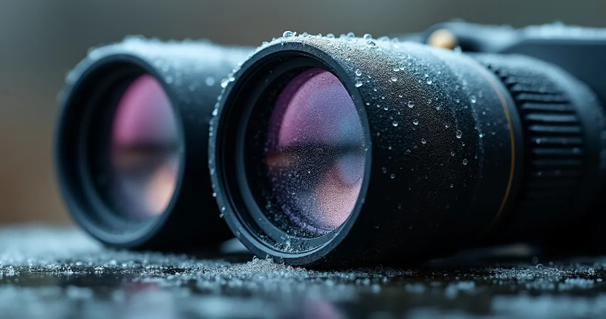 Nahaufnahme einer Fernglas-Objektivlinse, die nach dem Wechsel aus der Kälte mit Kondenswassertropfen und Beschlag bedeckt ist