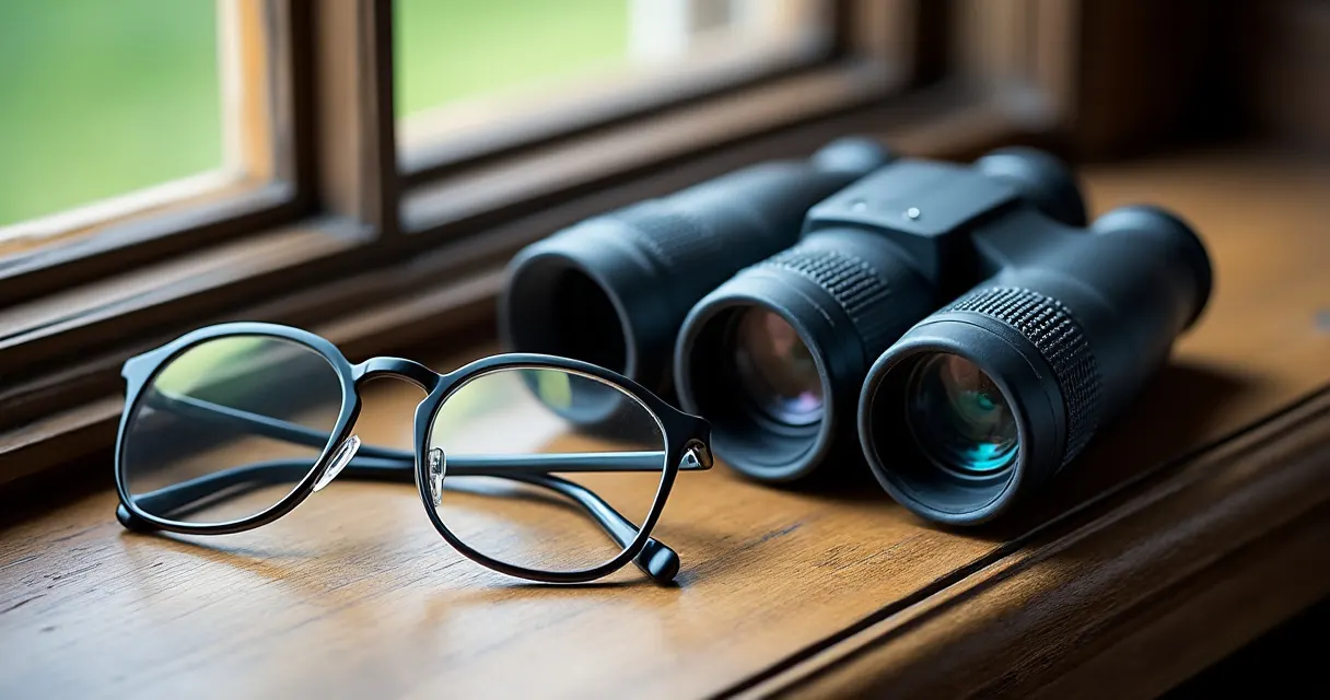Brille mit dünnem Gestell liegt neben einem Fernglas mit eingedrehten Augenmuscheln auf einer hölzernen Fensterbank
