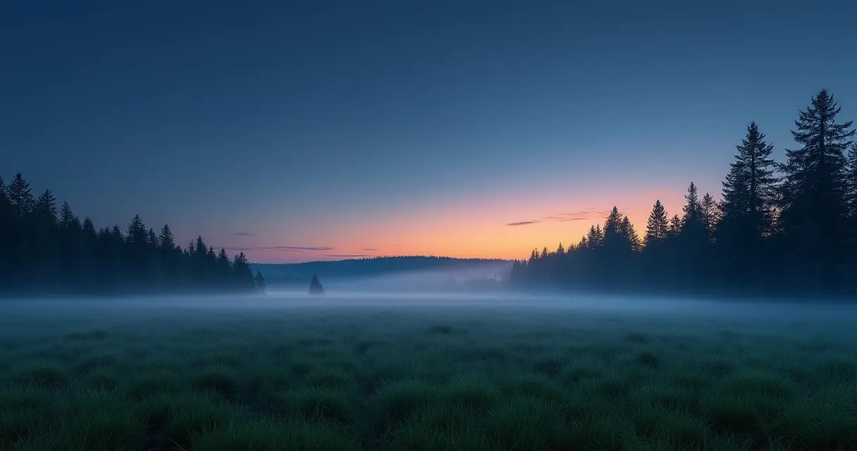 Wiese und Fichtenwaldrand in der blauen Stunde nach Sonnenuntergang, leichter Bodennebel über dem Gras, am Horizont ein schmaler orangefarbener Streifen