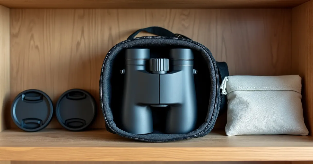 Fernglas liegt in einer offenen gepolsterten Tasche auf einem Regal, daneben Objektivdeckel und ein kleines weißes Trockenmittel-Päckchen