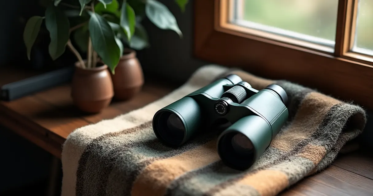 Dunkelgrün armiertes Dachkant-Fernglas liegt auf einer gefalteten Wolldecke auf einer Holzbank, warmes Seitenlicht, dunkler Hintergrund