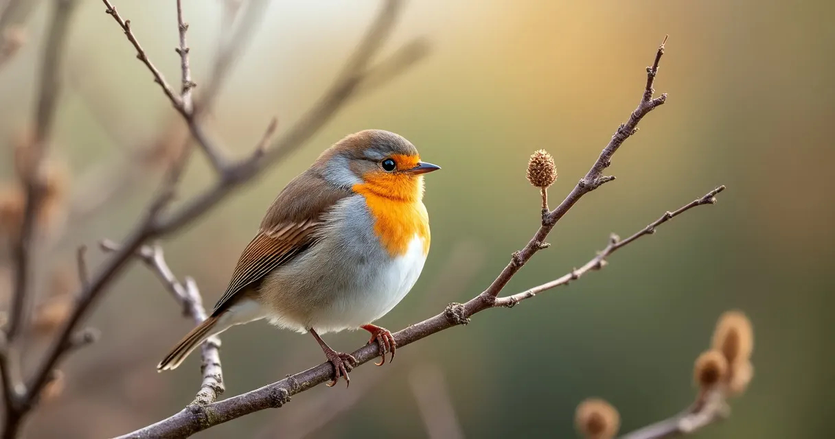 Kleiner Singvogel mit braun-orangem Gefieder sitzt auf einem kahlen Zweig vor einer unscharfen Hecke im Morgenlicht