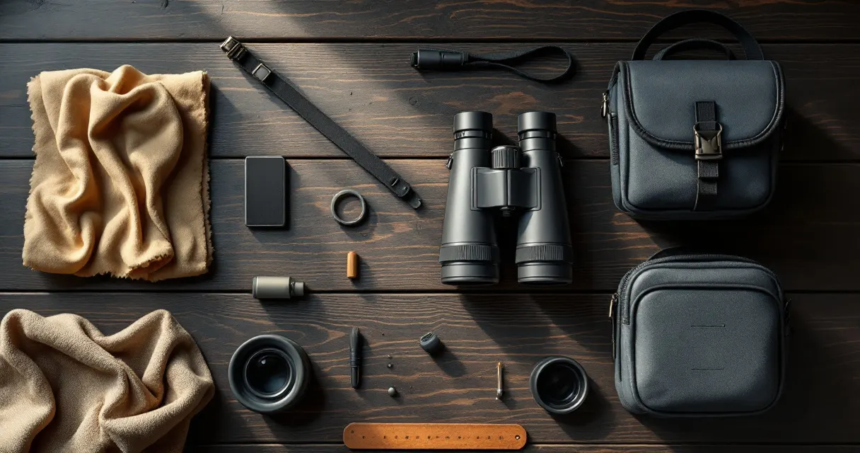 Fernglas-Zubehör auf dunklem Holz von oben: Mikrofasertücher, Blasebalg, Pinsel, Trageriemen, Objektivdeckel und zwei gepolsterte Taschen rund um ein Fernglas